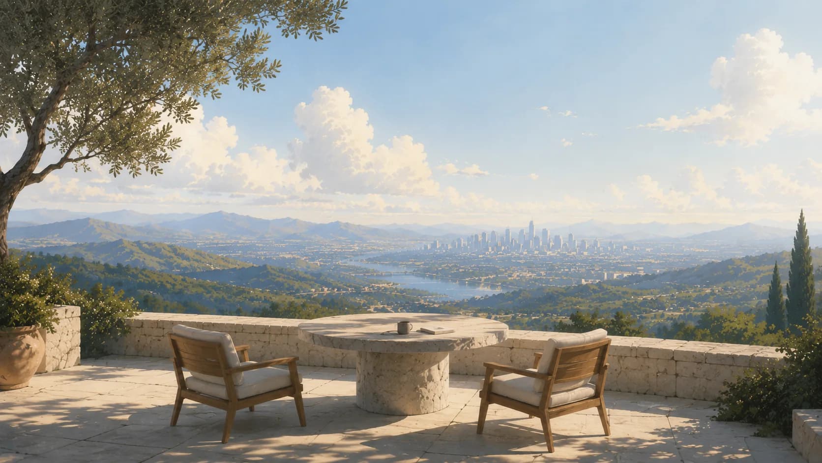 A sunlit terrace overlooking a city and distant mountains